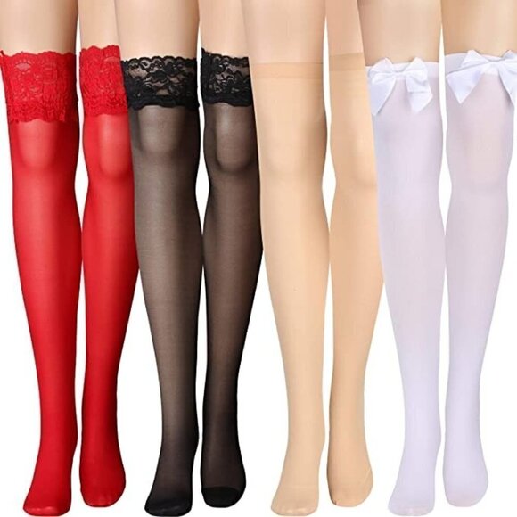 SILK Thigh High Stockings Women Lace Silicone Socks Satin Bow Top Sexy NWT
